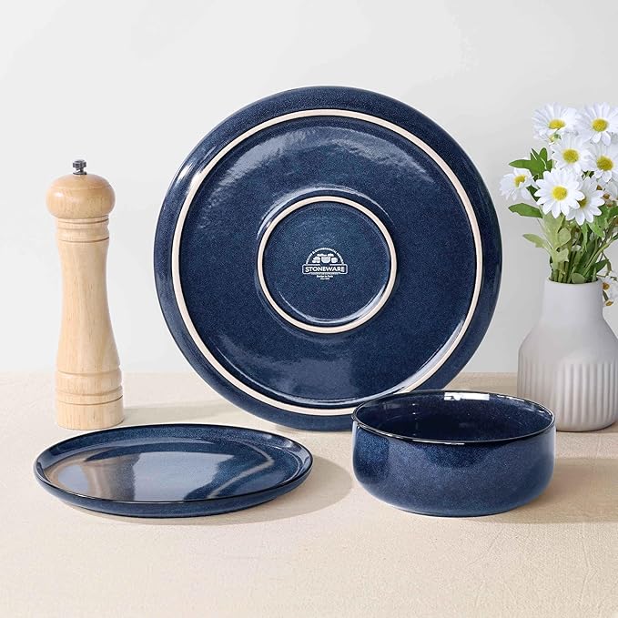 Herogo 24 Pieces Stoneware Dinnerware Sets Service for 8, Dinner Plates and Bowls Sets, Double Reactive Glaze Dishes Set for Kitchen, Scratch Resistant, Microwave & Dishwasher Safe, Starry Blue