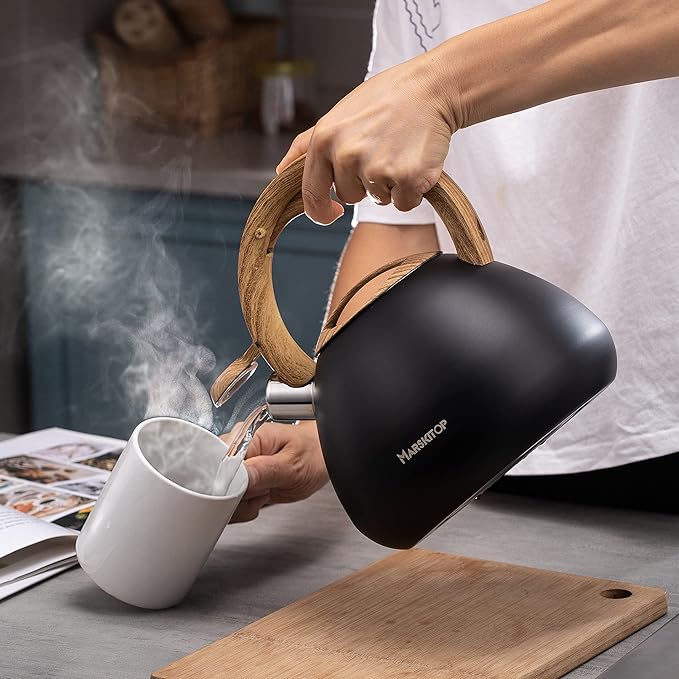 MARSKITOP Tea Kettle for Stove Top, Whistling Kettle Teapot for Stovetop, Food Grade Stainess Steel Teakettle with Cool Touch Ergonomic Handle, 2.6 Quart, Black