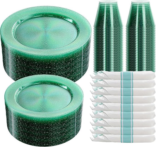 DaYammi 350 Pieces Green Glitter Dinnerware Set 50 Guest for Party- 50 Dinner Plates, 50 Dessert Plates -50 Per Rolled Napkins with Green Cutlery - 50 Disposable Cups 9 OZ