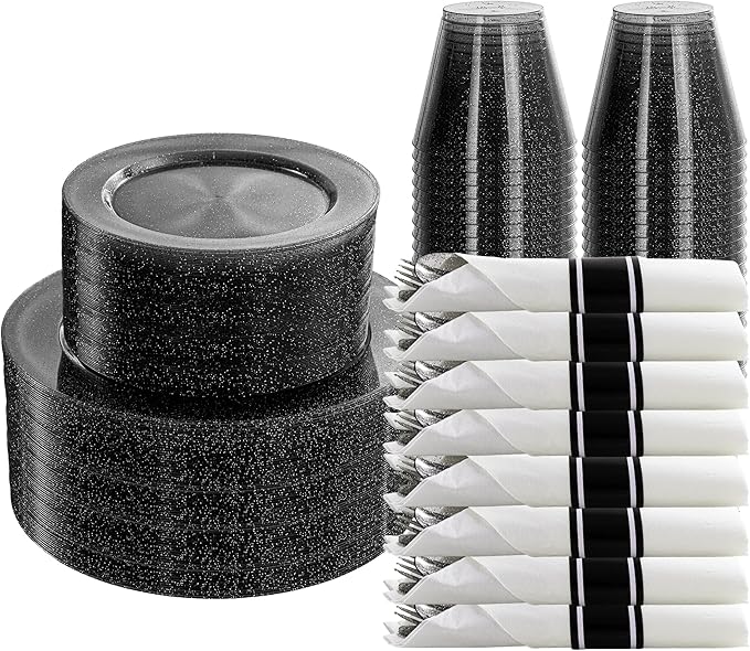 DaYammi 210PCS Black Glitter Plastic Dinnerware Set for 30 Guests, Fancy Disposable Plates for Party, Include: 30 Dinner Plates, 30 Dessert Plates, 30 Pre Rolled Napkins and 30 Cups