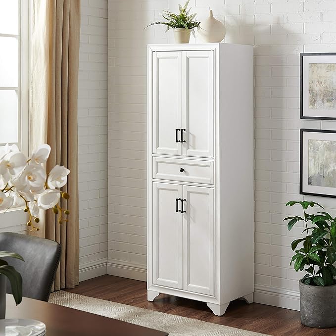 Crosley Furniture Tara Pantry Storage Cabinet with Shelves, Kitchen, Dining, or Laundry Room, Distressed White