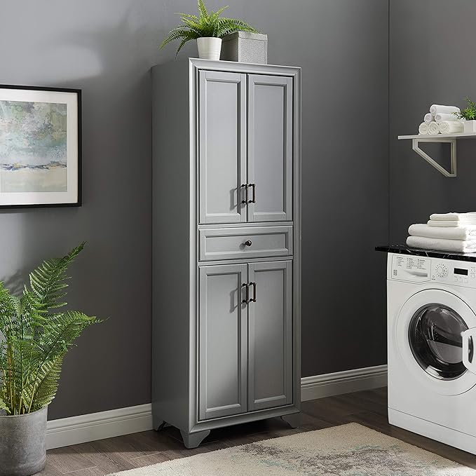 Crosley Furniture Tara Pantry Storage Cabinet with Shelves, Kitchen, Dining, or Laundry Room, Distressed Gray