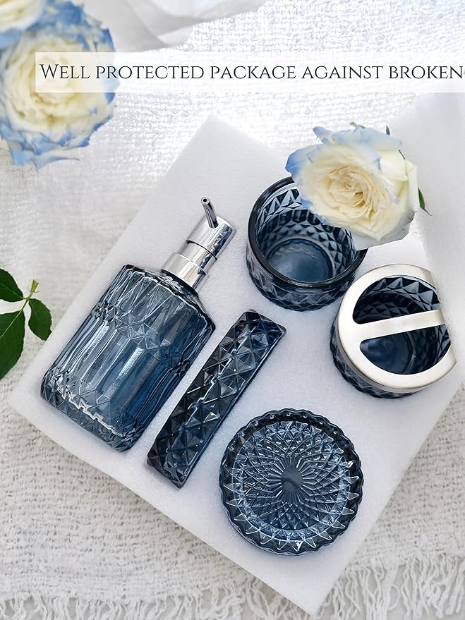 Blue Bathroom Accessories Set, 5Pcs Clear Glass Bathroom Accessories, Hand Soap Dispenser, Soap Dish, Toothbrush Holder Set, Qtips Holder for Crystal Vintage Bath Countertop Decor, Gift Set