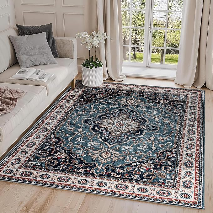 Easy-Going Large Area Rug 8x10 Medallion Distressed Washable Rugs for Living Room Non-Slip Bedroom Rug Low Pile Lightweight Vintage Retro Throw Rug for Dining Room Kitchen Office Carpet, Teal Brick