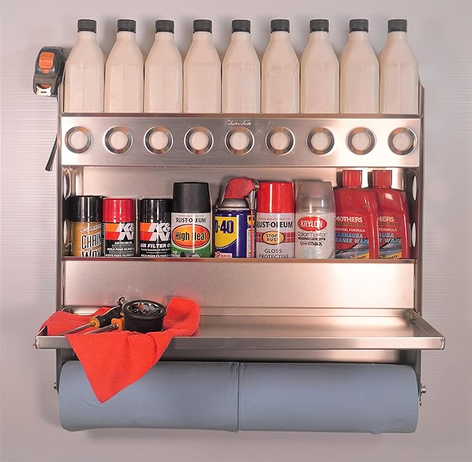 Double Wide Organizer Rack with Flip Out Work Station by: Trailer Trash (Aluminum) Silver, Length 22 x Width 22 1/2 x Height 4 1/2