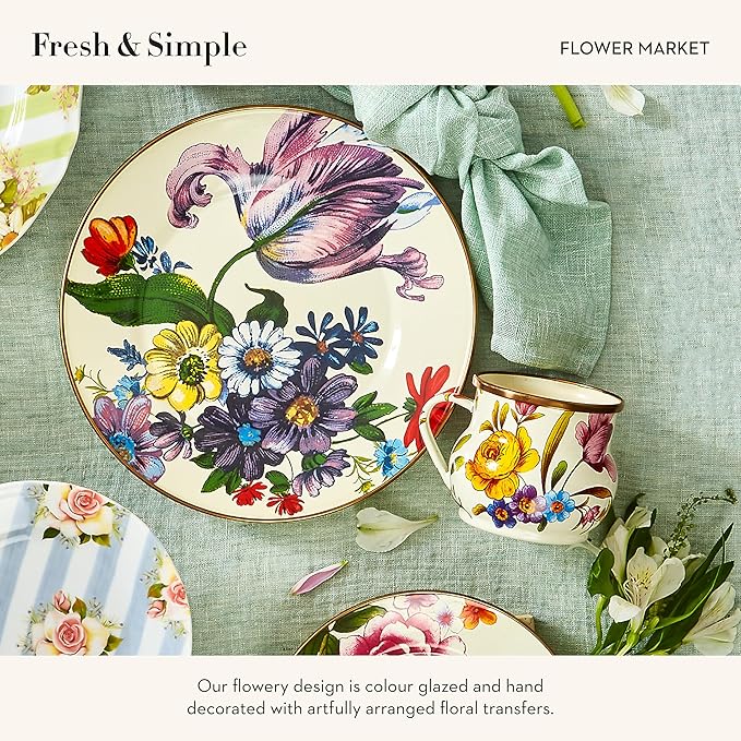 MACKENZIE-CHILDS Enamel Mug, Cute Enamelware Coffee and Tea Mug, Unique Drinkware, 16 Ounces, White Flower Market, Set of 1