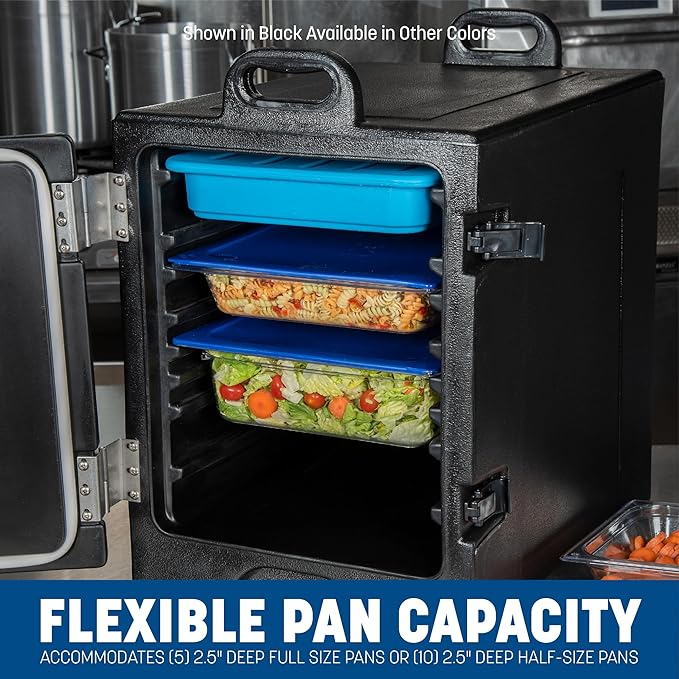 Carlisle FoodService Products Insulated Food Pan Carrier and Warmer, Cateraide Front-Loading Hot Box with Handles, Holds 5 Full or 10 Half 2.5" Pans (Sold Separately), PE Shell, PU Insulation, Blue