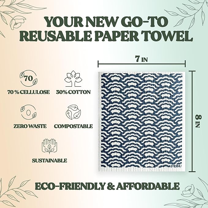 FEBU Swedish Dishcloths for Kitchen | 5 Pack Watercolor Reusable Paper Towels Washable | Swedish Dish Towels | Non-Scratch Cellulose Sponge Cloths | No Odor, Biodegradable Cleaning Cloths