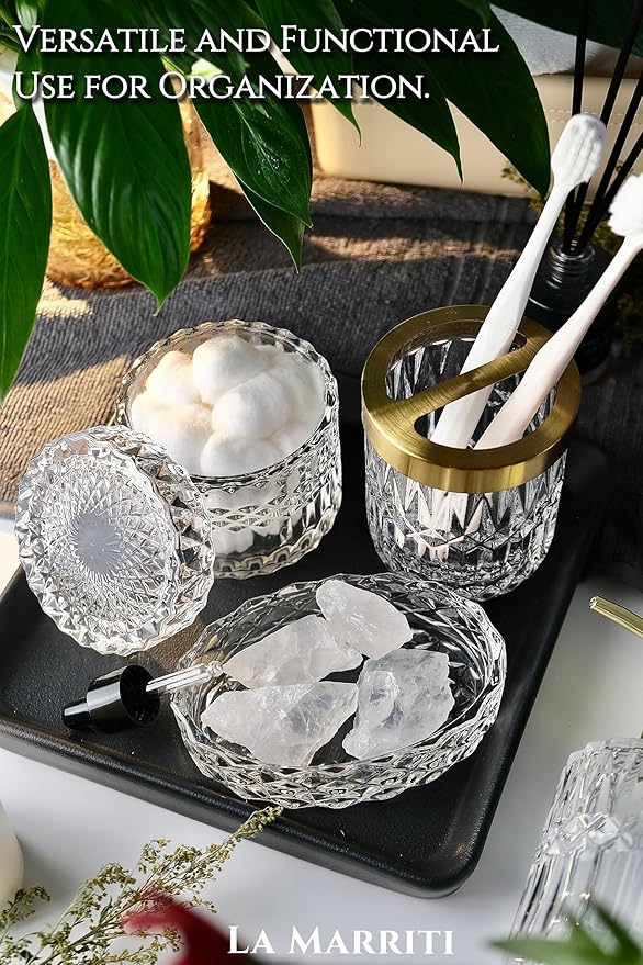 Glass Bathroom Accessories Set, 5pcs Crystal Clear Bathroom Accessories, Toothbrush Holder Set, Soap Dispenser, Soap Dish, Tumbler, Qtips Holder for Vintage Bathroom Decor, Christmas Decor
