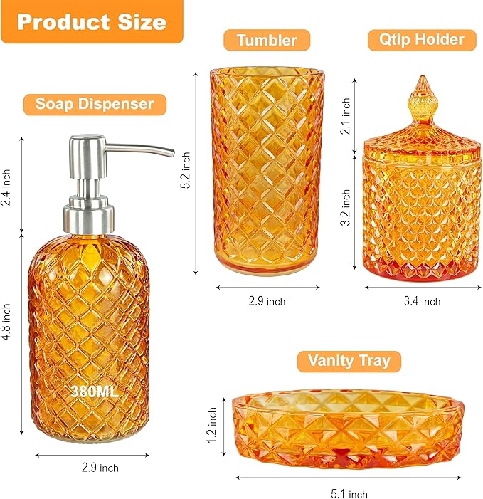 Orange Bathroom Accessorires Set, 4Pcs Clear Glass Bathroom Accessories, Burnt Orange Lotion Soap Dispenser, Toothbrush Holder Set, Soap Dish, Qtips Holder for Modern Vibrant Bathroom Decor