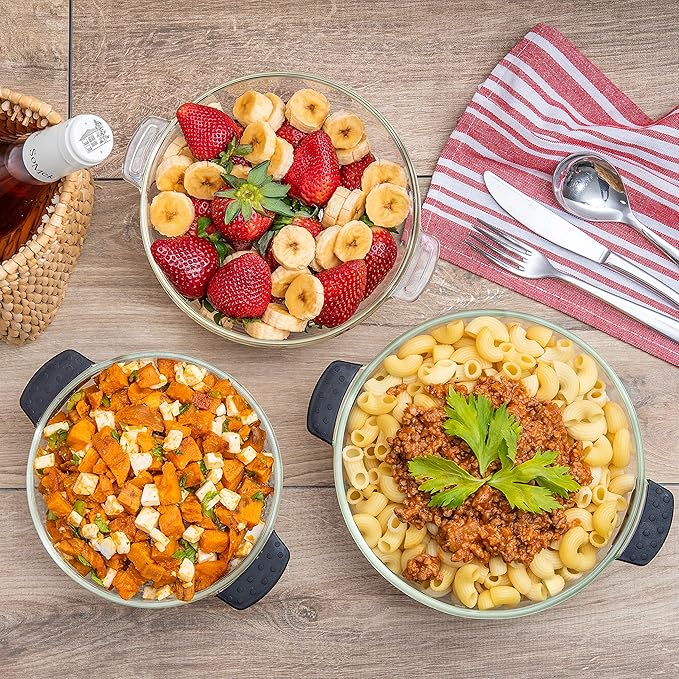 Moss & Stone 6-Piece Borosilicate Glass Casserole Set with Durable Plastic Lids – 2.6/1.5/1 Qt Oven & Microwave Safe Glass Baking Dishes for Cooking, Serving & Kitchen Storage