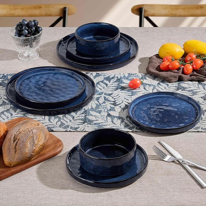 Herogo 12 Pieces Dinnerware Sets, Plates and Bowls Sets Service for 4, Modern Stoneware Dining Dishes, Dishwasher & Microwave Safe, Starry Blue