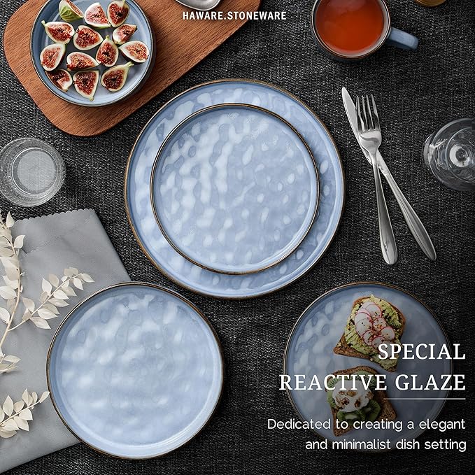 HaWare Dinnerware Sets, 16-Piece Plates and Bowls Set, Stoneware Dish Set for 4, Ceramic Dishware Set for Pasta Cereal, Chip and Scratch Resistant, Microwave and Dishwasher Safe, Reactive Blue