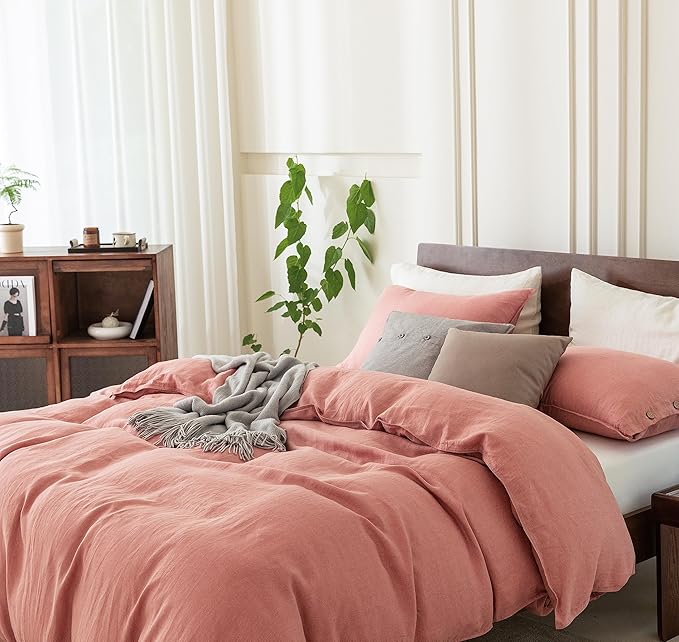EVERLY 100% Pure Linen Duvet Cover Set Queen Size90X90Inch 3pcs (1 Duvet Cover,2 Pillowcases) Soft and Breathable for All Season with Coconut Button Closure, Suitable for Hot Sleepers-Pink-Queen