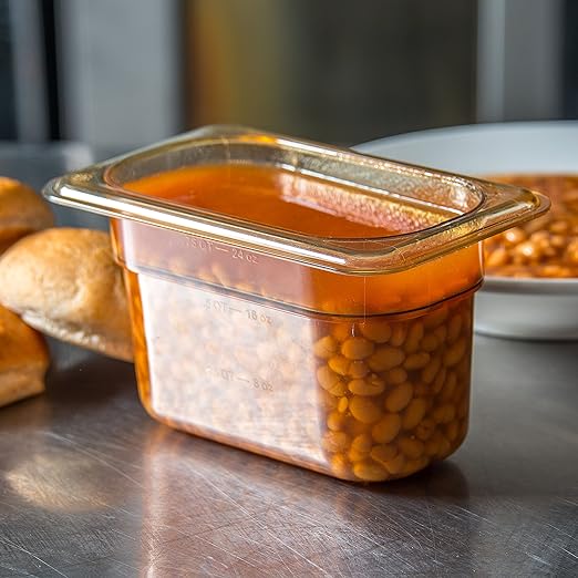 Carlisle FoodService Products StorPlus High-Heat 1/9-Size Food Pan, 4 Deep Food Storage Container with 1 Quart Capacity, High Heat Plastic, 1/9 Size, Amber, (Pack of 6)