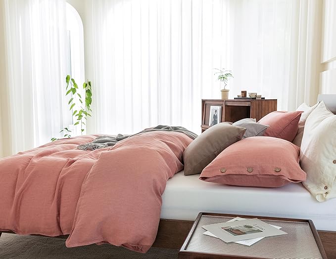 EVERLY 100% Pure Linen Duvet Cover Set Twin Size 68X90Inch 3pcs (1 Duvet Cover,1Pillowcases) Soft and Breathable for All Season with Coconut Button Closure, Suitable for Hot Sleepers-Twin-Pink