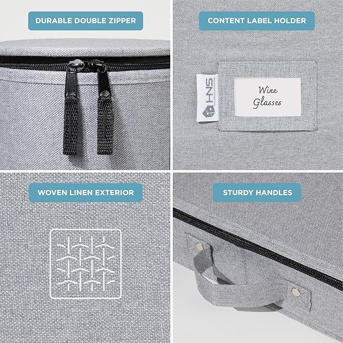 Hard Shell China Storage Containers 8-Piece Set Moving Boxes for Dinnerware, Glasses, Plates, Mugs and Saucers Sturdy Dish Organizer with Dividers for Seasonal Storage - Service for 12 - Gray