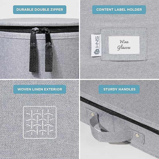 Hard Shell China Storage Containers 8-Piece Set Moving Boxes for Dinnerware, Glasses, Plates, Mugs and Saucers Sturdy Dish Organizer with Dividers for Seasonal Storage - Service for 12 - Gray