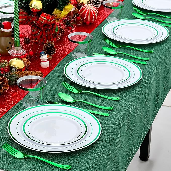 300PCS Christmas Plates Disposable, Green Plastic Dinnerware Set for 50 Guests, Green Christmas Party Plates-50 Dinner Platos,50 Dessert Platos,50 Silverware Set,50 Cups
