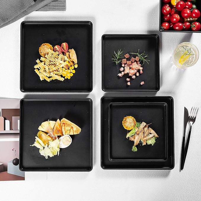Melamine Dinnerware Sets - 12pcs Square Plates and Bowls Set, Dishes Set, Black