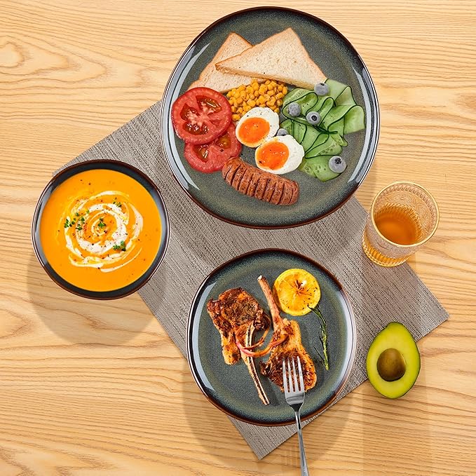 Herogo 12PCS Stoneware Dinnerware Sets, Plates and Bowls Dish Set for 4, Irregular Handmade Dinner Ware Dishware for Kitchen Dinning, Microwave & Dishwasher Safe, Lichen Green