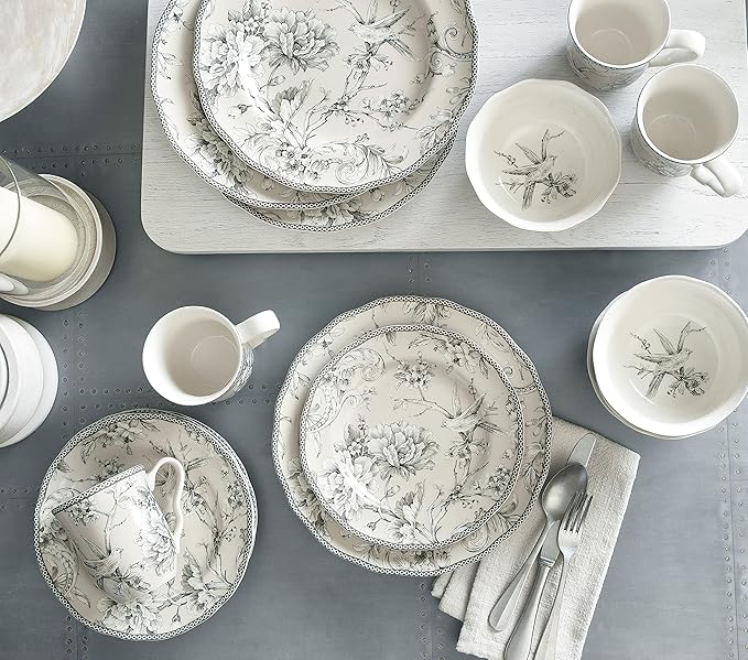 222 Fifth Adelaide 16-Piece Traditional Antique White Porcelain Dinnerware Set – Service for 4, Romantic Bird & Floral Design, for Everyday Dining & Entertainment, Microwave & Dishwasher Safe