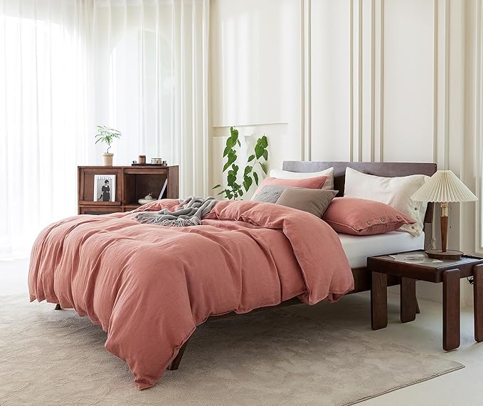 EVERLY 100% Pure Linen Duvet Cover Set Queen Size90X90Inch 3pcs (1 Duvet Cover,2 Pillowcases) Soft and Breathable for All Season with Coconut Button Closure, Suitable for Hot Sleepers-Pink-Queen