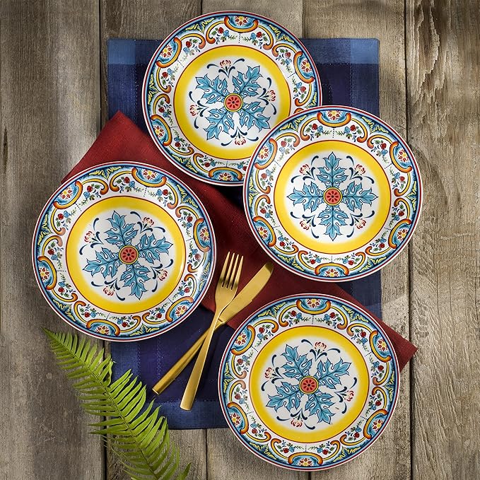 Euro Ceramica Zanzibar Collection 16 Piece Dinnerware Set Kitchen and Dining, Service for 4, Spanish Floral Design, Multicolor, Blue and Yellow