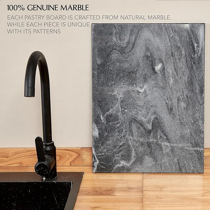 Kitchen Marble Stone Cutting Board - Marble Cutting & Charcuterie Board of 16 x 12 x 0.6 Inches, Non Slip Scratch Resistant Pastry Tray, Rectangular Serving & Chopping Slab for Countertop - Black