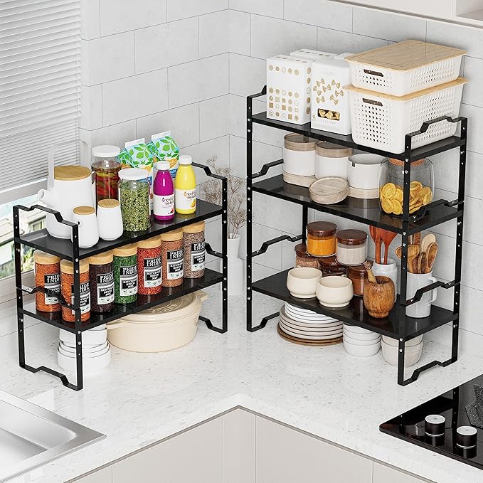 Expandable Shelf for Cabinet Organizer Adjustable Stackable Spice Rack at Kitchen and Bathroom more, Counter Countertop Cupboard Organization Pantry Storage(MEDIUM/2PACKS/BLACK)