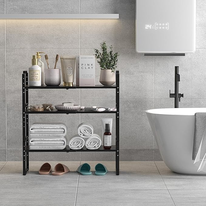 Expandable Shelf for Cabinet Organizer Adjustable Stackable Spice Rack at Kitchen and Bathroom More, Counter Countertop Cupboard Organization Pantry Storage(MEDIUM/3PACKS/BLACK)