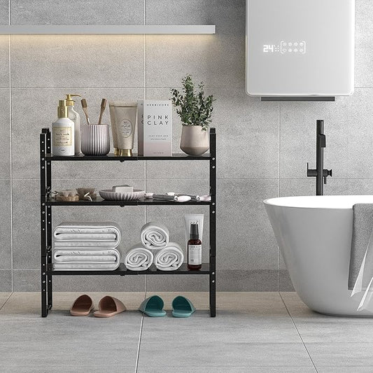 Expandable Shelf for Cabinet Organizer Adjustable Stackable Spice Rack at Kitchen and Bathroom More, Counter Countertop Cupboard Organization Pantry Storage(MEDIUM/3PACKS/BLACK)