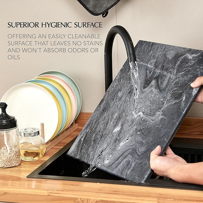 Kitchen Marble Stone Cutting Board - Marble Cutting & Charcuterie Board of 16 x 12 x 0.6 Inches, Non Slip Scratch Resistant Pastry Tray, Rectangular Serving & Chopping Slab for Countertop - Black