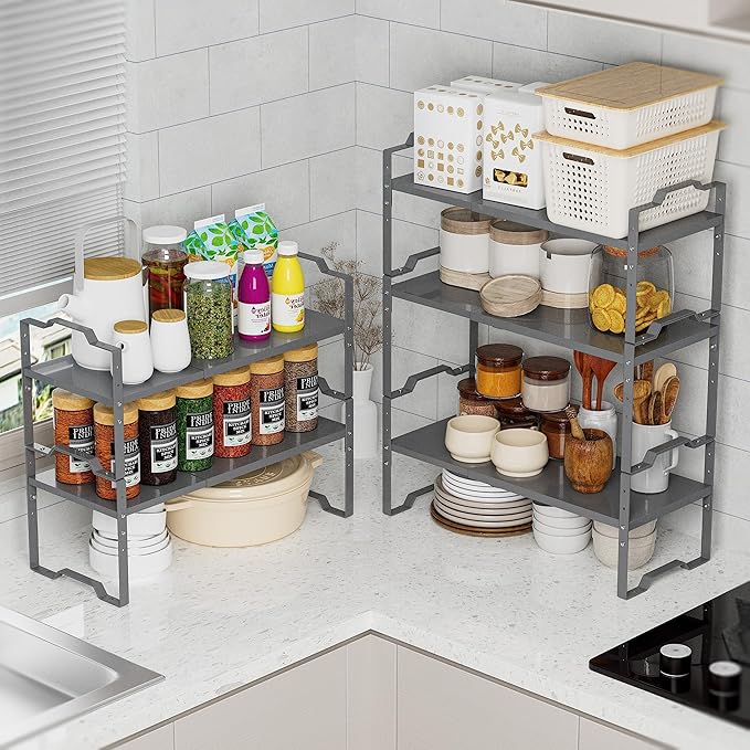 Expandable Shelf for Cabinet Organizer Adjustable Stackable Spice Rack at Kitchen and Bathroom More, Counter Countertop Cupboard Organization Pantry Storage(MEDIUM/3PACKS/BLACK)