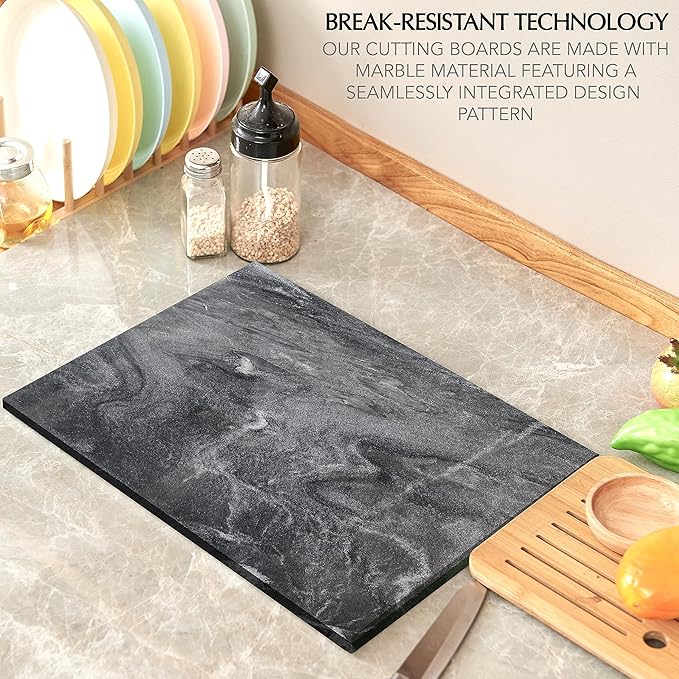 Kitchen Marble Stone Cutting Board - Marble Cutting & Charcuterie Board of 16 x 12 x 0.6 Inches, Non Slip Scratch Resistant Pastry Tray, Rectangular Serving & Chopping Slab for Countertop - Black