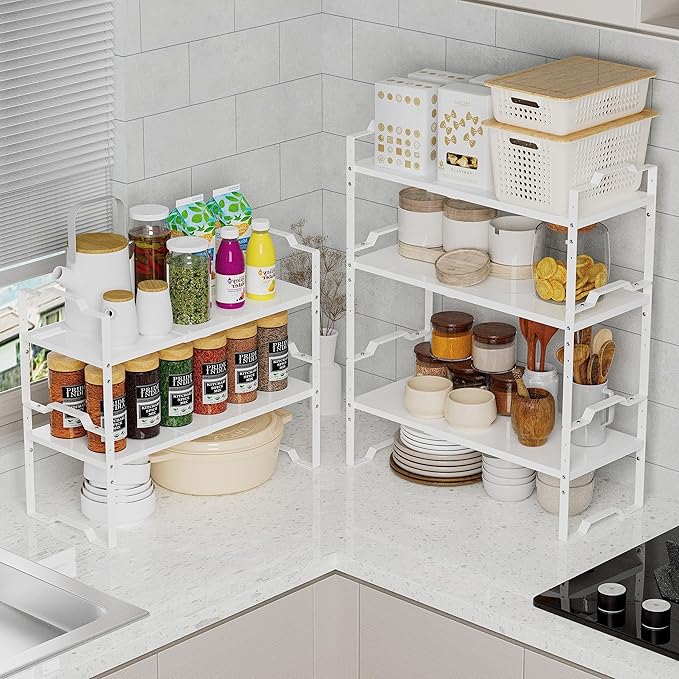 Expandable Shelf for Cabinet Organizer Adjustable Stackable Spice Rack at Kitchen and Bathroom more, Counter Countertop Cupboard Organization Pantry Storage(LARGE/3PACKS/WHITE)