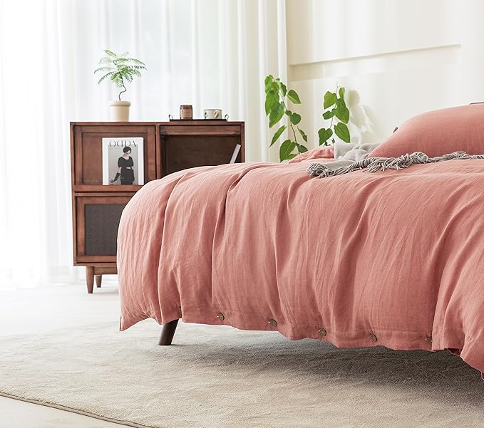 EVERLY 100% Pure Linen Duvet Cover Set King Size 104X90Inch 3pcs (1 Duvet Cover,2 Pillowcases) Soft and Breathable for All Season with Coconut Button Closure, Suitable for Hot Sleepers-Pink-King