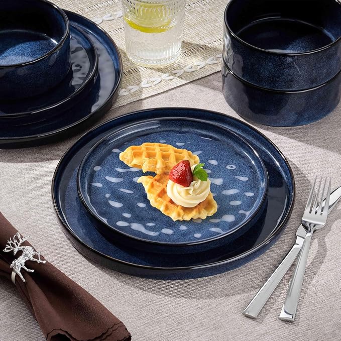 Herogo 24 Pieces Dinnerware Sets for 8, Plates and Bowls Sets for Home Serving, Stoneware Dining Dishes, Dishwasher & Microwave Safe, Starry Blue