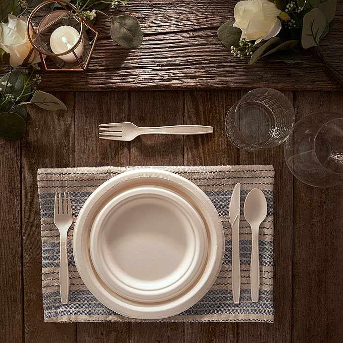 250 Piece Biodegradable Paper Plates Set (EXTRA LONG UTENSILS), Disposable Dinnerware Set, Eco Friendly Compostable Plates & Utensil include Plates, Forks, Knives and Spoons for Party