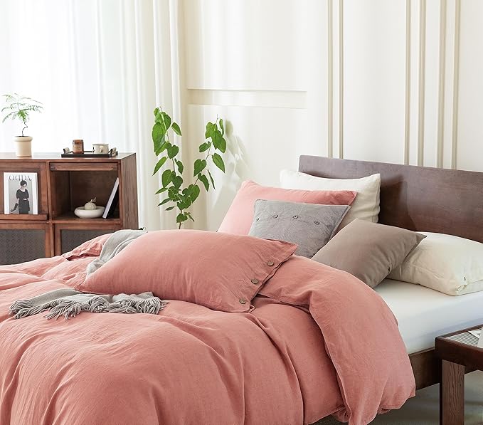 EVERLY 100% Pure Linen Duvet Cover Set Queen Size90X90Inch 3pcs (1 Duvet Cover,2 Pillowcases) Soft and Breathable for All Season with Coconut Button Closure, Suitable for Hot Sleepers-Pink-Queen