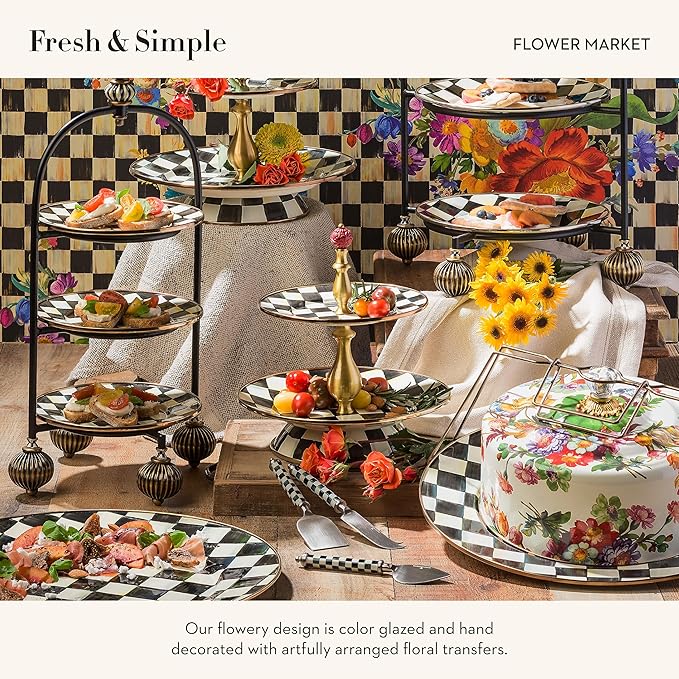 MACKENZIE-CHILDS Cake Carrier, Cake-Dish Serving Platter with Lid and Handles, White Flower Market with Black-and-White Courtly Check