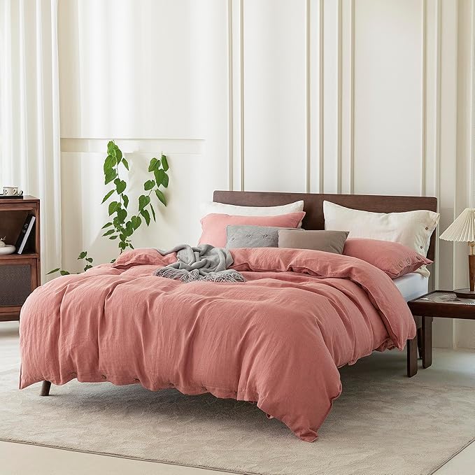 EVERLY 100% Pure Linen Duvet Cover Set Twin Size 68X90Inch 3pcs (1 Duvet Cover,1Pillowcases) Soft and Breathable for All Season with Coconut Button Closure, Suitable for Hot Sleepers-Twin-Pink