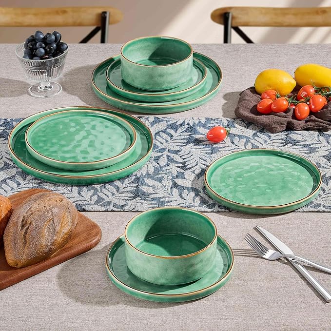 Herogo 12 Pieces Dinnerware Dish Sets for 4, Plates and Bowls Sets for Home Kitchen, Ceramic Dining Dishware, Dishwasher & Microwave Safe, Gemstone Green