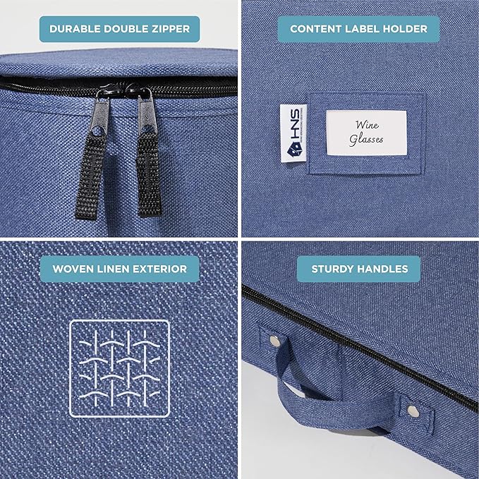 Hard Shell China Storage Containers 8-Piece Set Moving Boxes for Dinnerware, Glasses, Plates, Mugs and Saucers Sturdy Dish Organizer with Dividers for Seasonal Storage - Service for 12 - Denim Blue