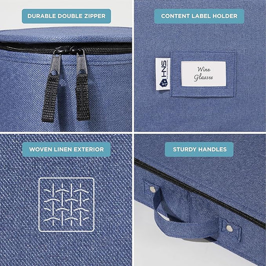 Hard Shell China Storage Containers 8-Piece Set Moving Boxes for Dinnerware, Glasses, Plates, Mugs and Saucers Sturdy Dish Organizer with Dividers for Seasonal Storage - Service for 12 - Denim Blue
