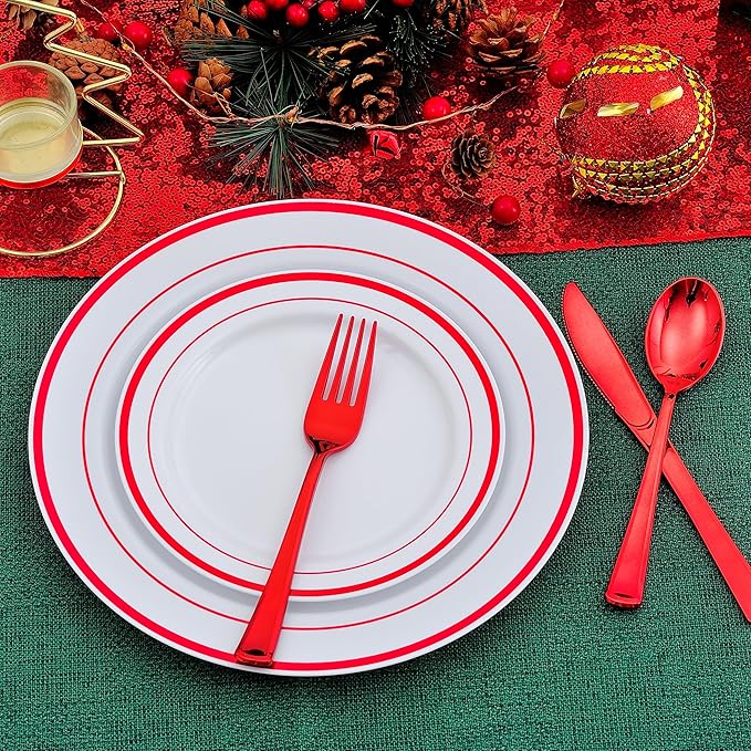 300PCS Christmas Plates Dinnerware, Red Dinnerware Set for 50 Guests, White and Red Christmas Disposable Plates for Party-50 Dinner Platos,Dessert Plates, Silverware Set