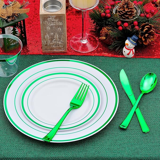 300PCS Christmas Plates Disposable, Green Plastic Dinnerware Set for 50 Guests, Green Christmas Party Plates-50 Dinner Platos,50 Dessert Platos,50 Silverware Set,50 Cups