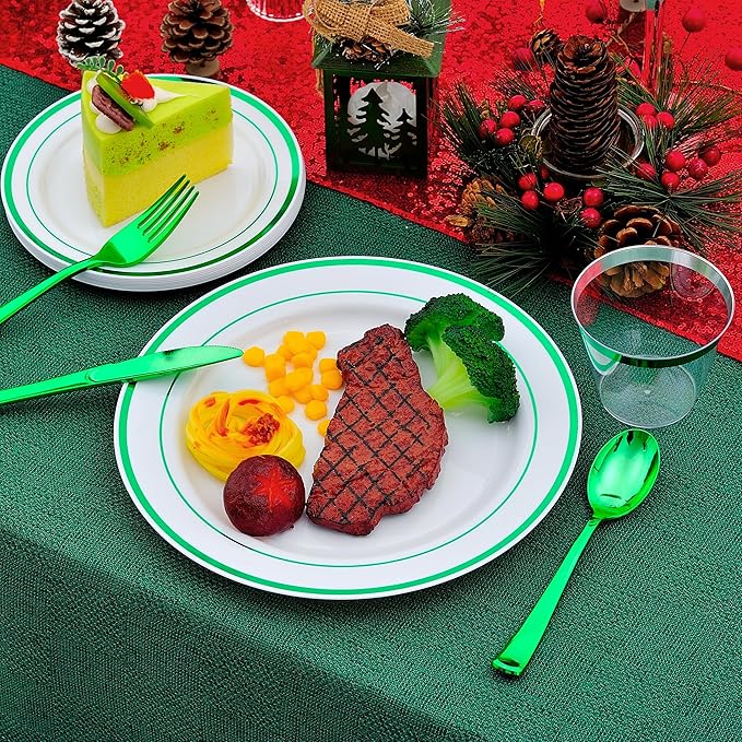 300PCS Christmas Plates Disposable, Green Plastic Dinnerware Set for 50 Guests, Green Christmas Party Plates-50 Dinner Platos,50 Dessert Platos,50 Silverware Set,50 Cups